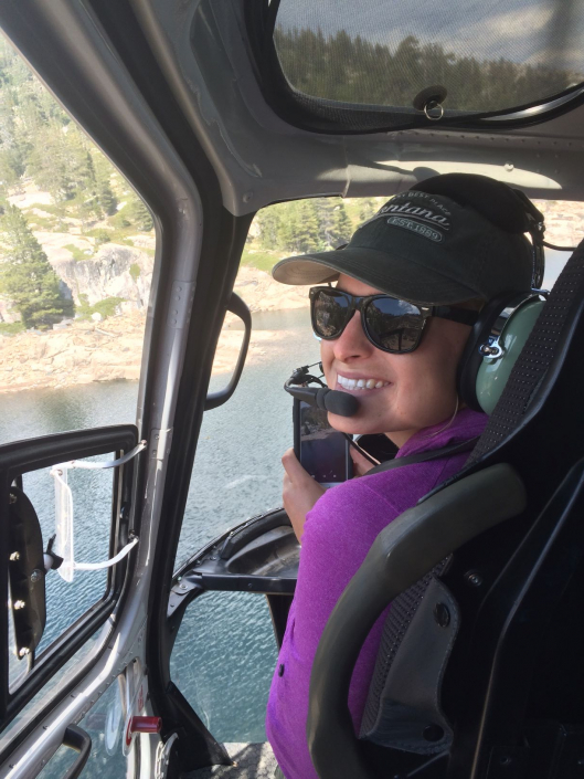 Sequoia staff biologist riding a helicopter to Blue Lakes to collect geomorphological data on the Mokelumne River.